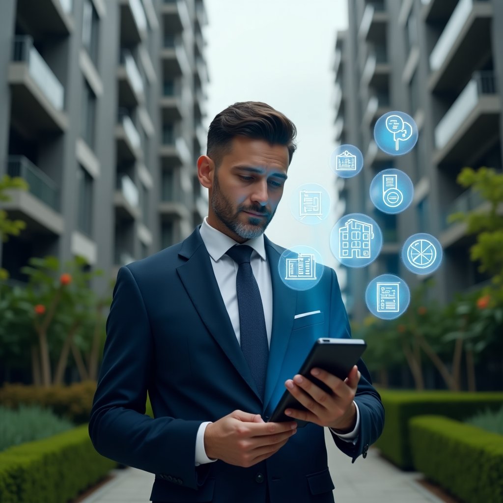 (Ultra-realistic condominium manager in a navy blue tailored suit, set in a modern luxury condominium environment with high-rise buildings and lush green landscaping, medium shot holding a smartphone projecting floating holographic icons of building, checklist, chat and finance, confident and focused expression analyzing the digital interface, cinematic lighting, shallow depth of field, highly detailed textures, realistic skin, photographic realism, 8k resolution --ar 1:1 --v 6)