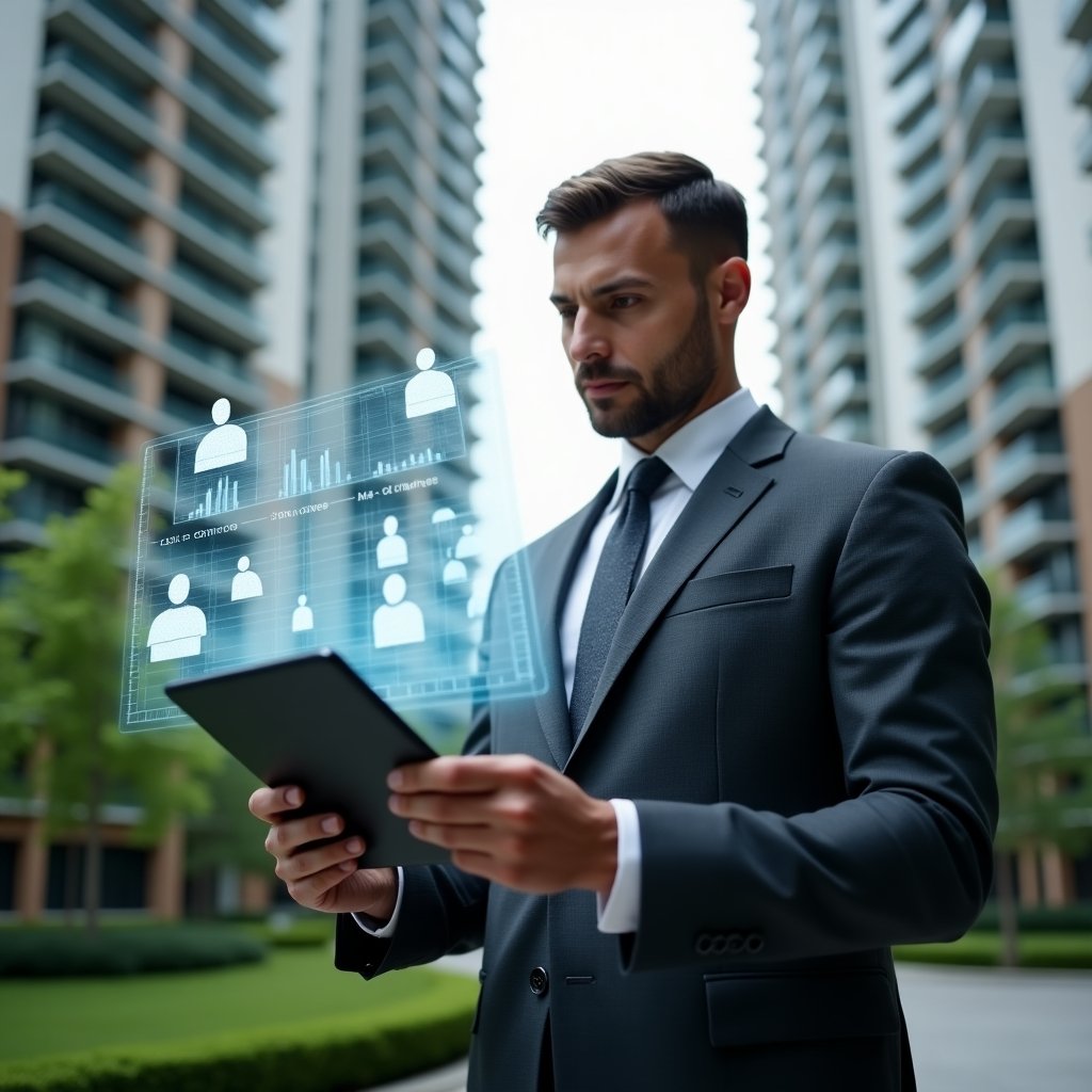 Ultra-realistic condominium manager in a charcoal gray executive suit, set in a modern luxury condominium environment with high-rise buildings and manicured greenery, confidently holding a tablet while studying floating holographic financial graphs and digital employee icons representing cost optimization, cinematic lighting, shallow depth of field, highly detailed textures, realistic skin, photographic realism, 8k resolution --ar 1:1 --v 6
