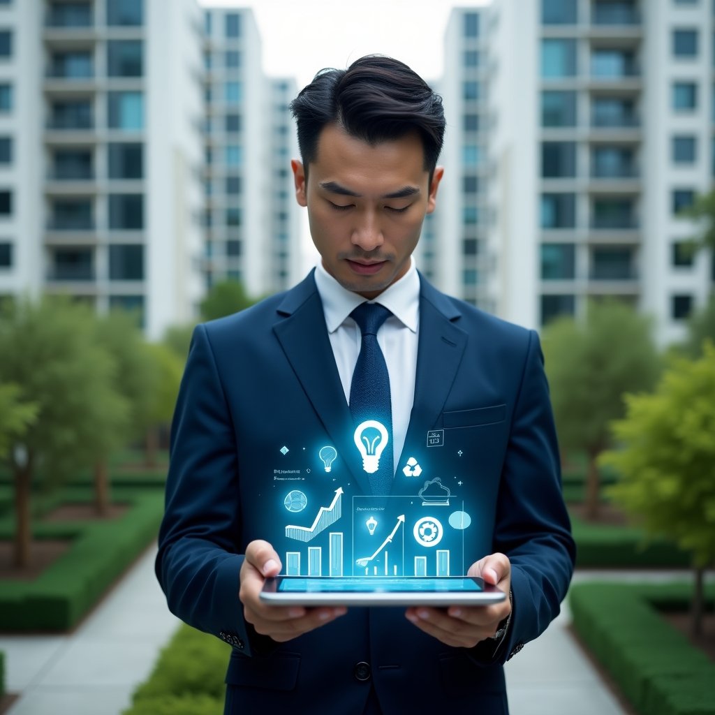 Ultra-realistic condominium manager in a navy blue executive suit, set in a modern luxury condominium environment with high-rise buildings and well-manicured green landscaping, analyzing energy consumption data on a transparent tablet with floating holographic icons of LED bulbs, solar panels, recycling bins, and revenue charts, confident and focused expression, cinematic lighting, shallow depth of field, highly detailed textures, realistic skin, photographic realism, 8k resolution --ar 1:1 --v 6