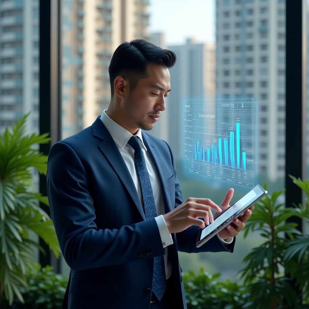 (Ultra-realistic condominium manager in a navy blue business suit, set in a modern luxury condominium environment with high-rise buildings and lush green landscaping, examining a transparent holographic financial chart projected from a tablet, floating icons of an **aplicativo para condomínio** and **aplicativo de gestão** around them, cinematic lighting, shallow depth of field, highly detailed textures, realistic skin, photographic realism, 8k resolution --ar 1:1 --v 6)
