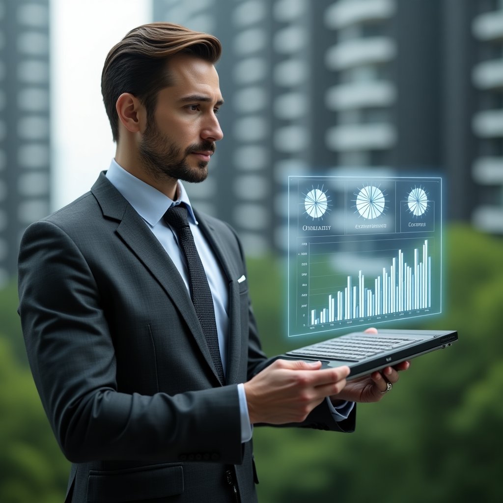 Ultra-realistic condominium manager in a charcoal gray tailored suit, set in a modern luxury condominium environment with high-rise buildings and lush green landscaping, examining a transparent holographic display of expense categories with 3D pie charts and bar graphs representing ordinary and extraordinary costs, confident and analytical expression, cinematic lighting, shallow depth of field, highly detailed textures, realistic skin, photographic realism, 8k resolution --ar 1:1 --v 6