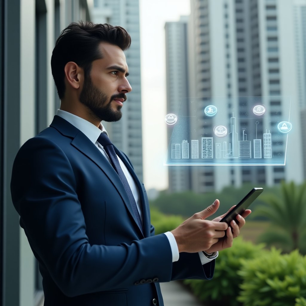 (Ultra-realistic condominium manager in a tailored navy blue suit, set in a modern luxury condominium environment with high-rise buildings and meticulously landscaped greenery, medium shot of a confident, thoughtful professional examining a floating holographic dashboard comparing ordinary vs. extraordinary expenses, digital tablet in hand, holographic icons of coins and building silhouettes orbiting around, cinematic lighting, shallow depth of field, highly detailed textures, realistic skin, photographic realism, 8k resolution --ar 1:1 --v 6)