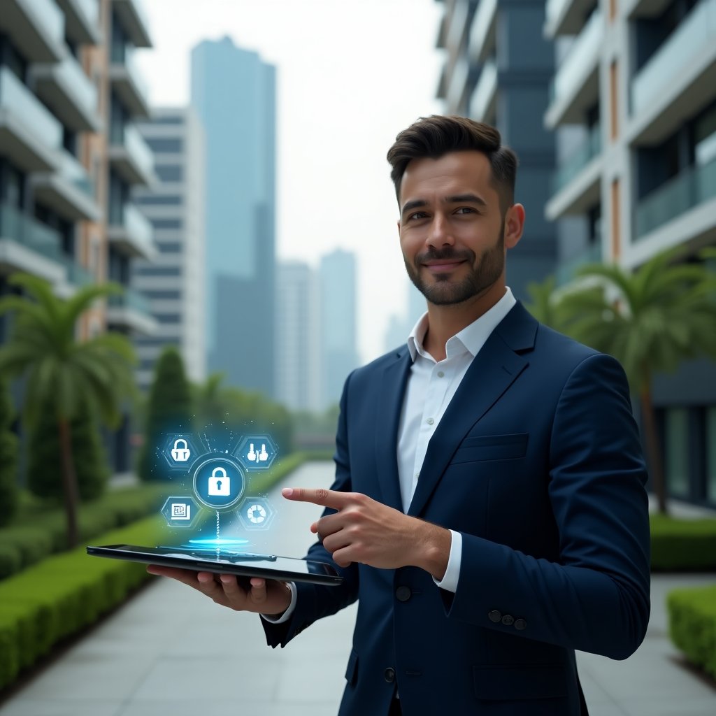 (Ultra-realistic condominium manager in a navy tailored suit, set in a modern luxury condominium environment with high-rise buildings and well-manicured green landscaping, confidently pointing at a holographic interface floating above a tablet showing icons for cost savings, security lock, cloud storage, user-friendly interface, human handshake, cinematic lighting, shallow depth of field, highly detailed textures, realistic skin, photographic realism, 8k resolution --ar 1:1 --v 6)