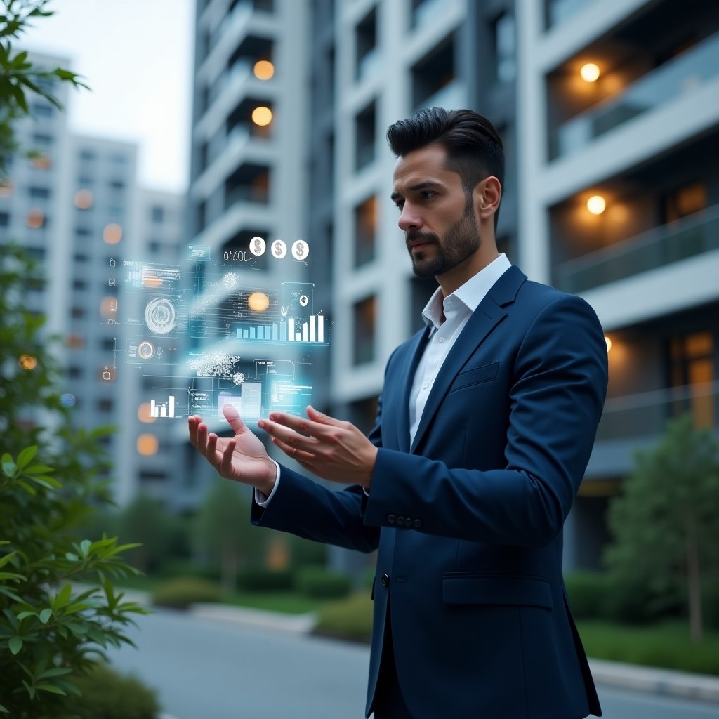 (Ultra-realistic condominium manager in a navy blue suit, set in a modern luxury condominium environment with high-rise buildings and green landscaping, reviewing virtual budget holograms with charts and graphs floating before them, holographic icons of currency symbols and digital dashboards hovering mid-air, confident and thoughtful expression, cinematic lighting, shallow depth of field, highly detailed textures, realistic skin, photographic realism, 8k resolution --ar 1:1 --v 6)