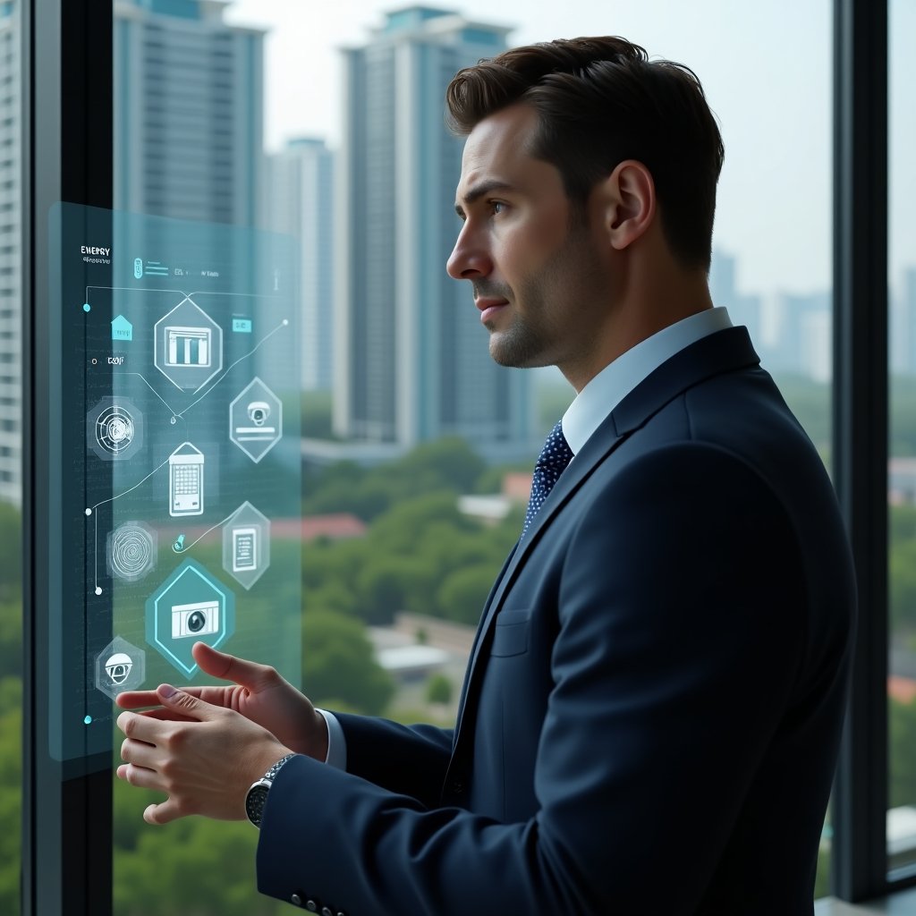Ultra-realistic condominium manager in a dark navy executive suit, set in a modern luxury condominium environment with high-rise buildings and lush green landscaping, interacting with a holographic building automation interface displaying energy usage icons and security camera feeds, confident and analytical expression, cinematic lighting, shallow depth of field, highly detailed textures, realistic skin, photographic realism, 8k resolution --ar 1:1 --v 6