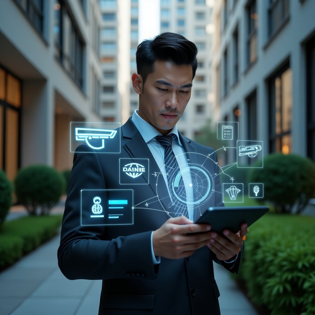 Ultra-realistic condominium manager in a dark gray business suit, set in a modern luxury condominium environment with high-rise buildings and green landscaping, interacting with a tablet projecting a holographic security dashboard featuring CCTV camera icons, biometric scanner symbols, and training simulation visualizations, confident and focused expression, cinematic lighting, shallow depth of field, highly detailed textures, realistic skin, photographic realism, 8k resolution --ar 1:1 --v 6