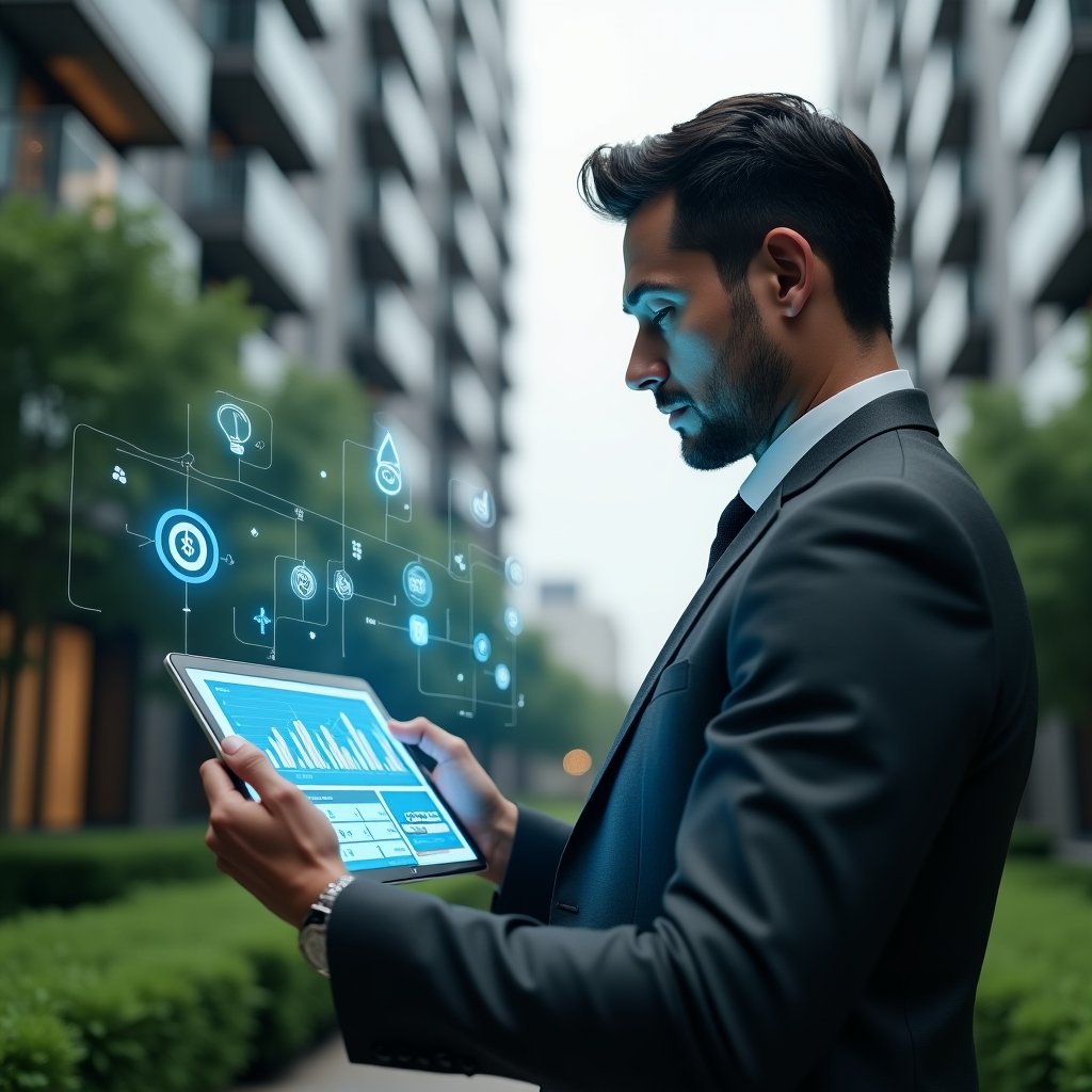 (Ultra-realistic condominium manager in a charcoal suit, set in a modern luxury condominium environment with high-rise buildings and lush green landscaping, confidently analyzing holographic financial and energy consumption infographics projected from a tablet, surrounded by floating icons of water droplets, lightbulbs and coins, cinematic lighting, shallow depth of field, highly detailed textures, realistic skin, photographic realism, 8k resolution --ar 1:1 --v 6)