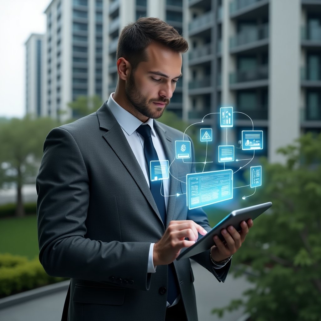 Ultra-realistic condominium manager in a charcoal grey tailored suit, set in a modern luxury condominium environment with high-rise buildings and green landscaping, reviewing holographic contracts and digital files projected above a tablet with a thoughtful yet confident expression, floating icons of documents, ledger symbols and notification bubbles swirling around, cinematic lighting, shallow depth of field, highly detailed textures, realistic skin, photographic realism, 8k resolution --ar 1:1 --v 6