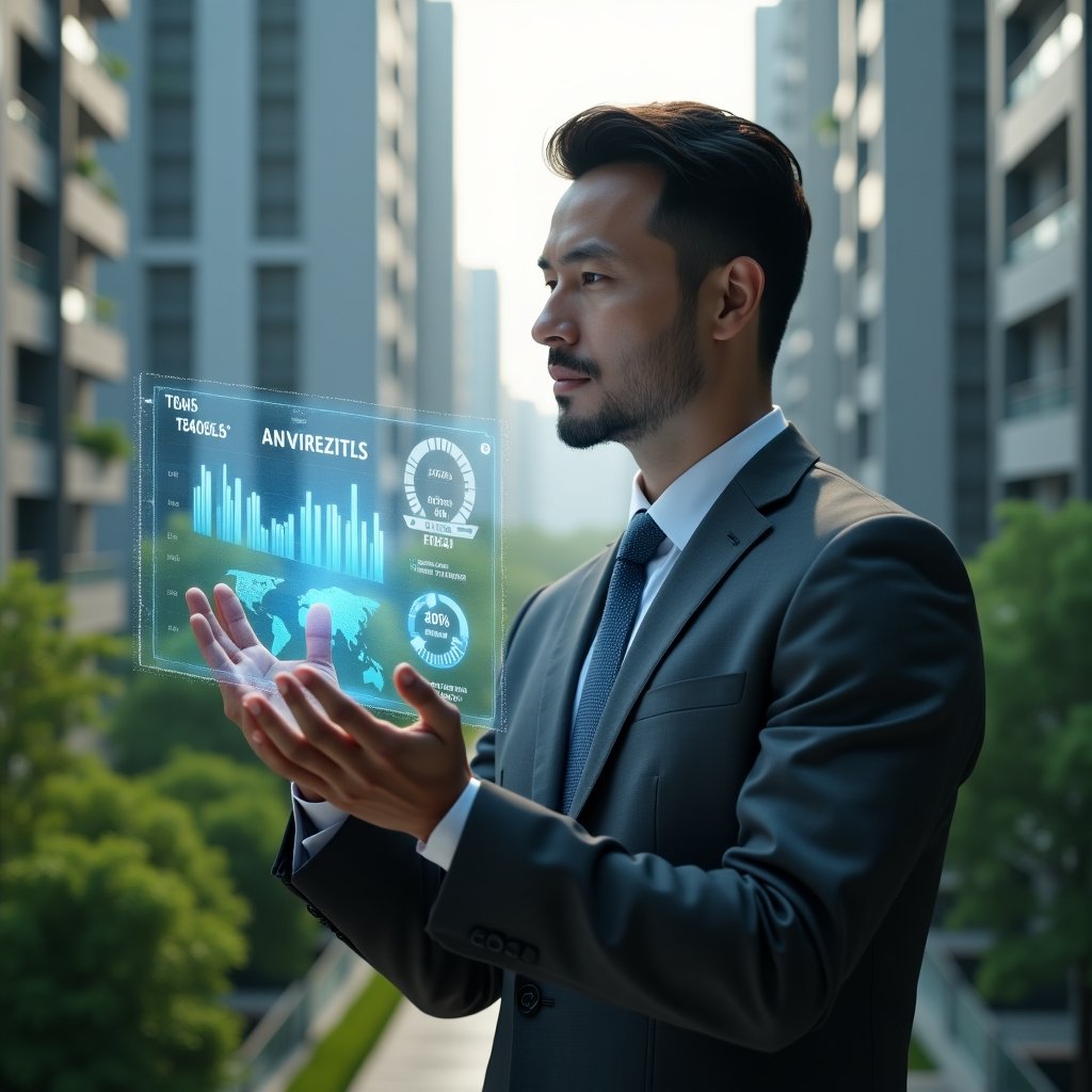 Ultra-realistic condominium manager in a charcoal gray suit, set in a modern luxury condominium environment with high-rise buildings and lush green landscaping, examining a holographic dashboard displaying budget charts alongside energy-saving and water-conservation icons, cinematic lighting, shallow depth of field, highly detailed textures, realistic skin, photographic realism, 8k resolution --ar 1:1 --v 6