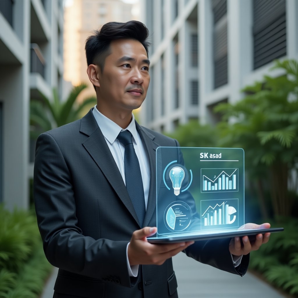 (Ultra-realistic condominium manager in a dark gray tailored suit, set in a modern luxury condominium environment with high-rise buildings and lush green landscaping, medium shot, holding a transparent tablet projecting a holographic interface of cost-saving charts and icons (water droplet, LED bulb, pie chart), confident and focused expression, cinematic lighting, shallow depth of field, highly detailed textures, realistic skin, photographic realism, 8k resolution --ar 1:1 --v 6)