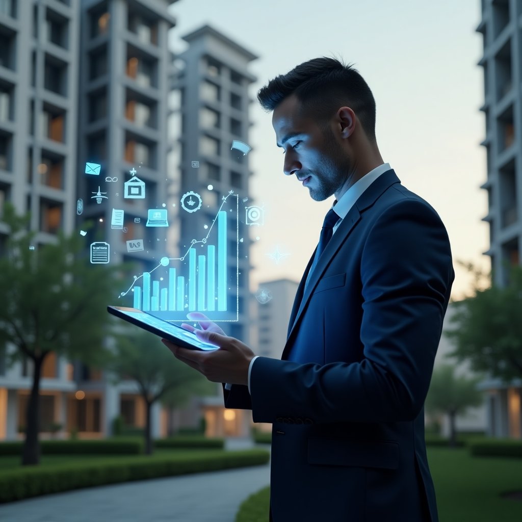 Ultra-realistic condominium manager in a navy blue suit, set in a modern luxury condominium environment with high-rise buildings and green landscaping, analyzing a holographic bar chart of delinquency trends projected from a tablet, surrounded by floating icons of invoices and digital notifications, cinematic lighting, shallow depth of field, highly detailed textures, realistic skin, photographic realism, 8k resolution --ar 1:1 --v 6