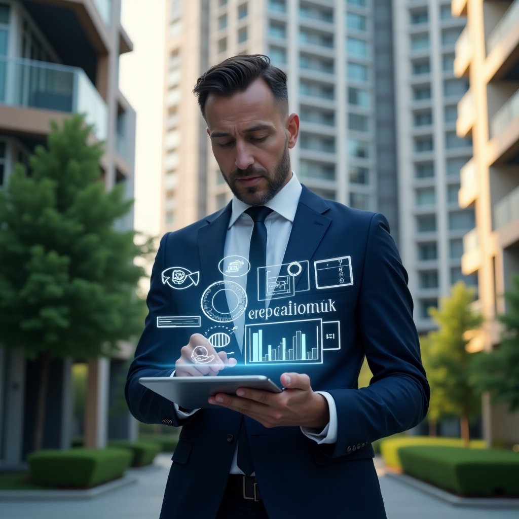 Ultra-realistic property manager in a navy blue suit, set in a modern luxury condominium environment with high-rise buildings and lush green landscaping, analyzing financial reports on a transparent tablet with holographic bar charts and pie graphs floating above, symbolic icons of coins and ledger entries, cinematic lighting, shallow depth of field, highly detailed textures, realistic skin, photographic realism, 8k resolution --ar 1:1 --v 6