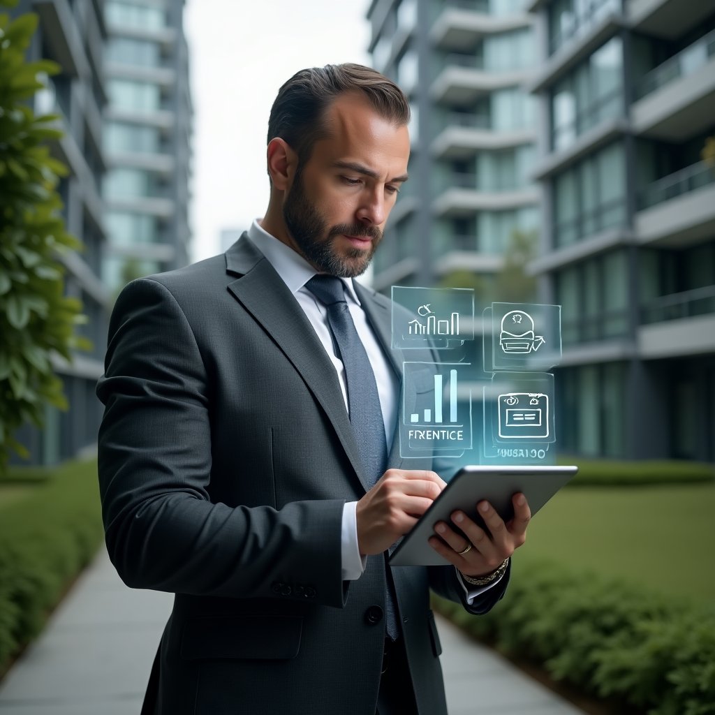 Ultra-realistic condo manager in a charcoal gray suit, set in a modern luxury condominium environment with high-rise buildings and lush green landscaping, mid shot of the manager reviewing financial reports on a tablet with floating holographic charts, checklists and calendar icons symbolizing accurate accounting, focused and confident expression, cinematic lighting, shallow depth of field, highly detailed textures, realistic skin, photographic realism, 8k resolution --ar 1:1 --v 6