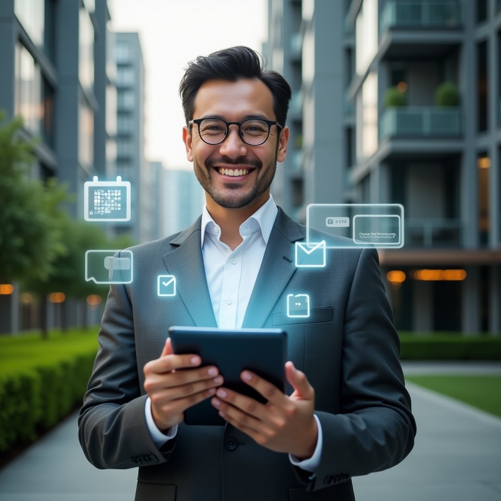 (Ultra-realistic condominium manager in a charcoal gray suit, set in a modern luxury condominium environment with high-rise buildings and lush green landscaping, holding a tablet displaying a digital condo app interface while smiling confidently at the camera, holographic chat bubbles and calendar icons floating around to symbolize efficient communication and scheduling, cinematic lighting, shallow depth of field, highly detailed textures, realistic skin, photographic realism, 8k resolution --ar 1:1 --v 6)