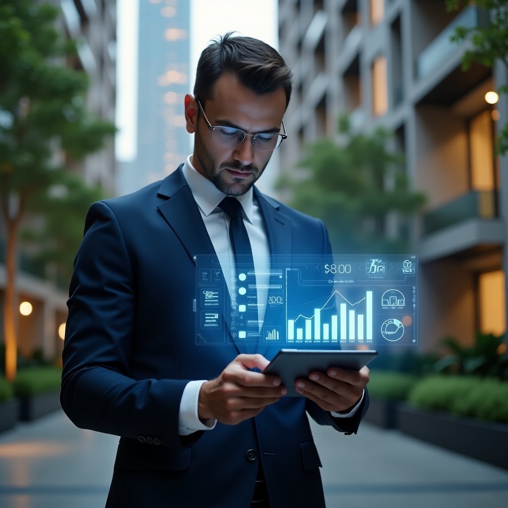 (Ultra-realistic condominium manager in a navy blue tailored suit, set in a modern luxury condominium environment with high-rise buildings and lush green landscaping, reviewing a holographic financial dashboard projected from a tablet with floating expense icons and charts, serious and focused expression, cinematic lighting, shallow depth of field, highly detailed textures, realistic skin, photographic realism, 8k resolution --ar 1:1 --v 6)