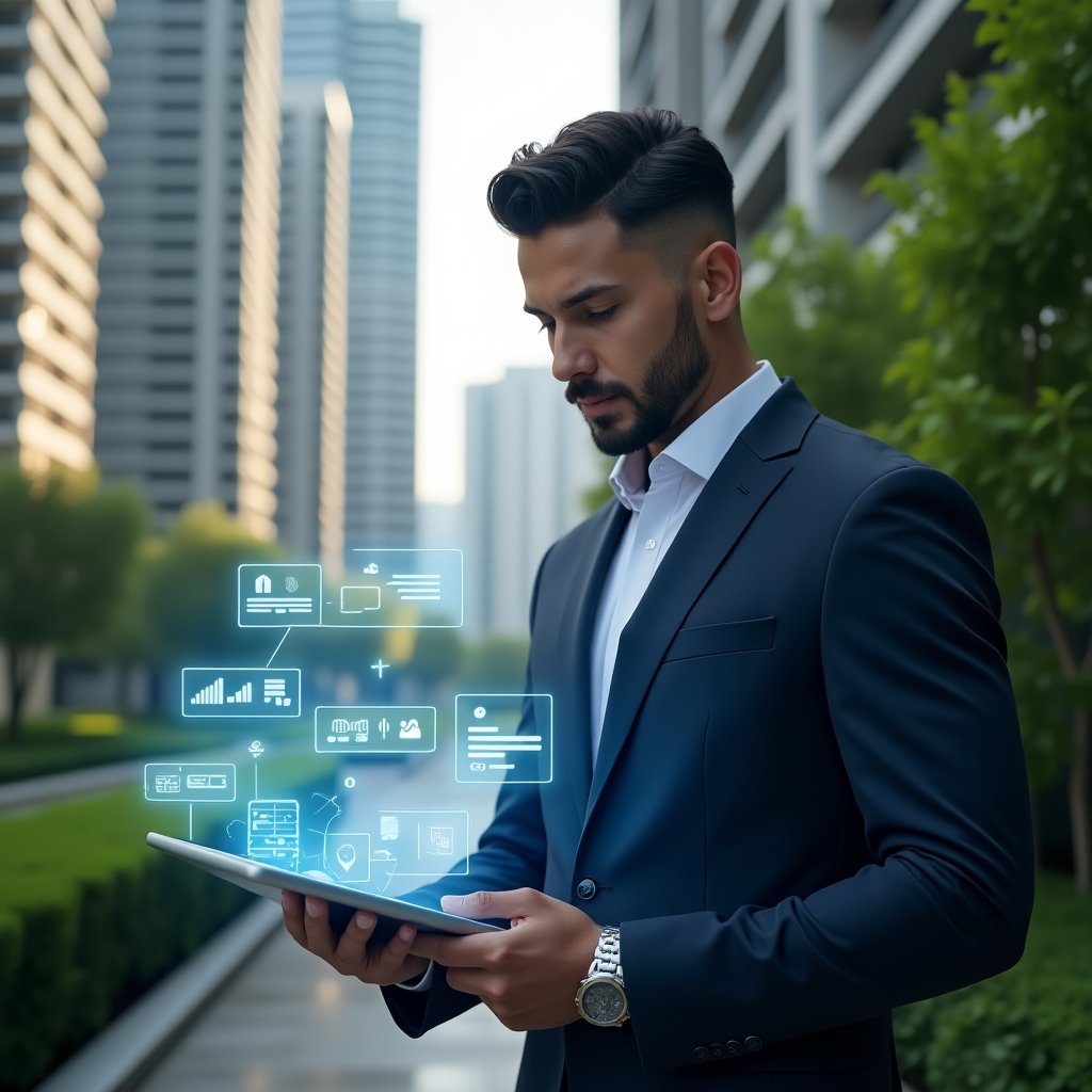 (Ultra-realistic condominium manager in a navy tailored suit, set in a modern luxury condominium environment with high-rise buildings and lush green landscaping, analyzing holographic documents and digital financial charts projected above a tablet, floating chat notification icons symbolizing centralized communication, confident and focused expression, cinematic lighting, shallow depth of field, highly detailed textures, realistic skin, photographic realism, 8k resolution --ar 1:1 --v 6)
