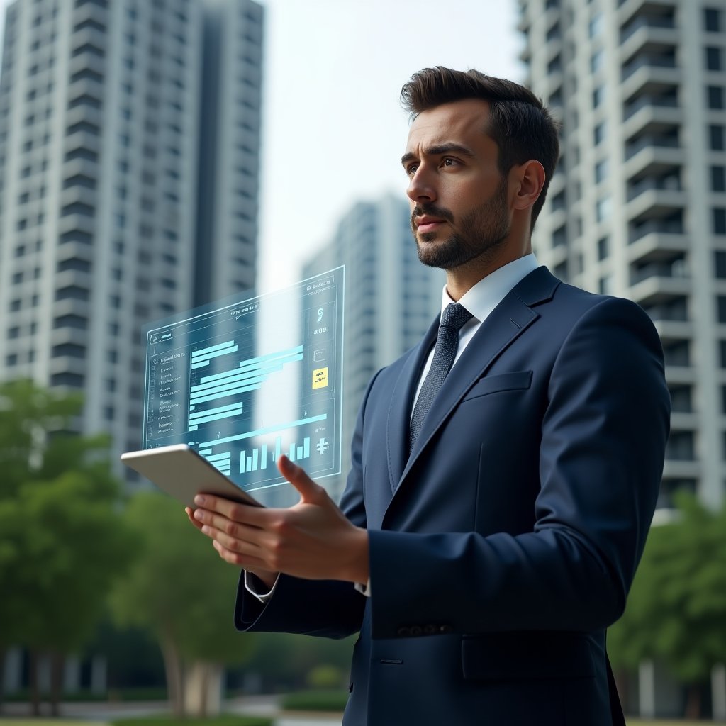 (Ultra-realistic condominium manager in a tailored navy blue suit, set in a modern luxury condominium environment with high-rise buildings and lush green landscaping, holding a tablet while reviewing a holographic Gantt chart surrounded by floating spreadsheet and collaborative board icons, confident and focused expression, cinematic lighting, shallow depth of field, highly detailed textures, realistic skin, photographic realism, 8k resolution --ar 1:1 --v 6)