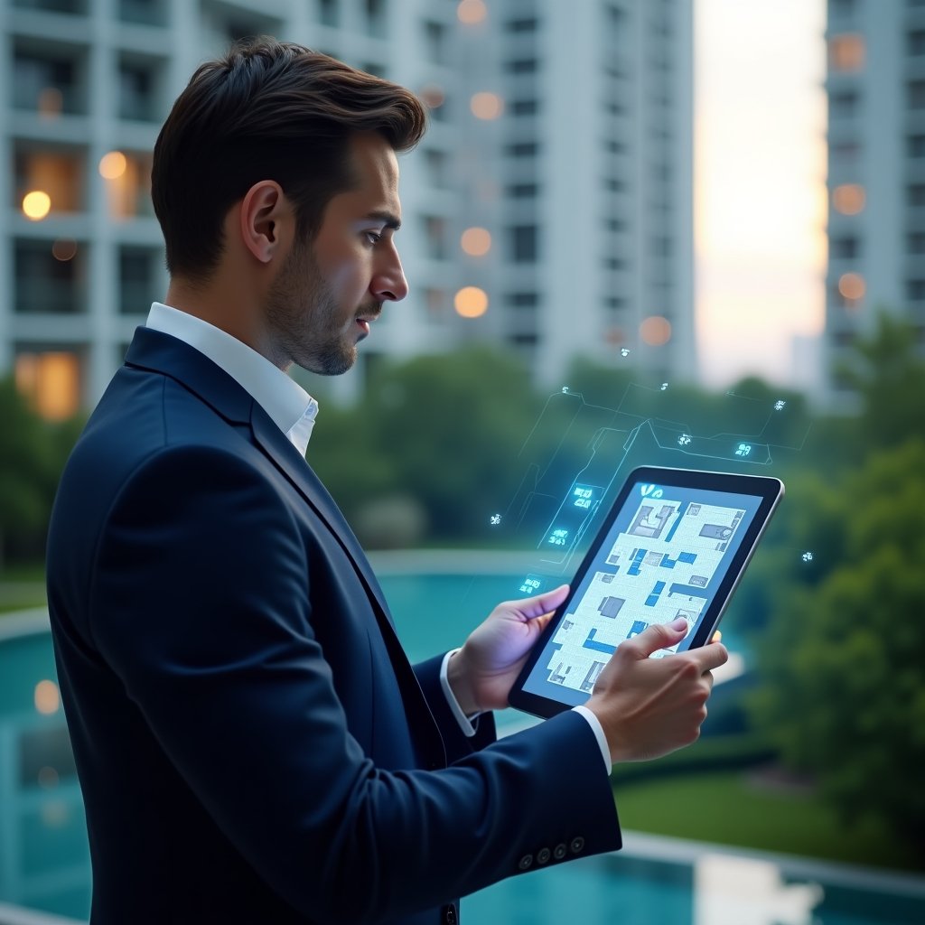 (Ultra-realistic condominium manager in a navy blue business suit, set in a modern luxury condominium environment with high-rise buildings and lush green landscaping, medium close-up holding a tablet projecting a holographic 3D floor plan with highlighted percentage markers for fraction ideal calculation, analyzing with a confident, thoughtful expression, cinematic lighting, shallow depth of field, highly detailed textures, realistic skin, photographic realism, 8k resolution --ar 1:1 --v 6)