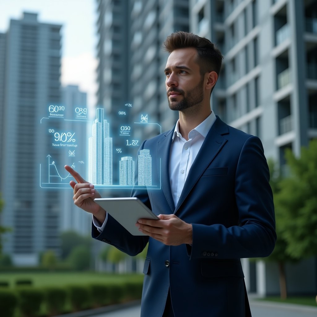 (Ultra-realistic condominium manager in a navy blue tailored suit, set in a modern luxury condominium environment with high-rise buildings and green landscaping, holding a digital tablet and confidently pointing at floating holographic percentage charts illustrating ideal fraction calculations, glowing holographic icons of buildings and percentage symbols hovering around, cinematic lighting, shallow depth of field, highly detailed textures, realistic skin, photographic realism, 8k resolution --ar 1:1 --v 6)