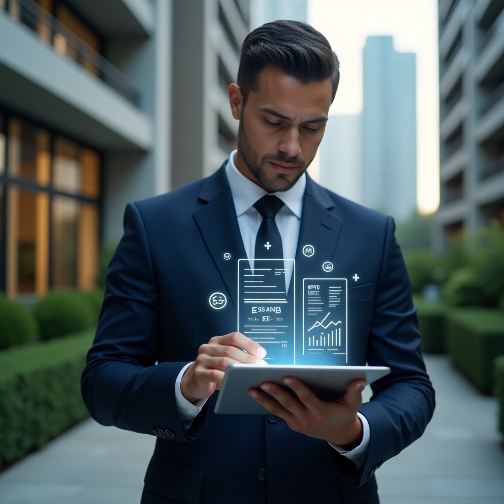 (Ultra-realistic condominium manager in a navy blue tailored suit, set in a modern luxury condominium environment with high-rise buildings and well-maintained green landscaping, examining a digital tablet displaying holographic fractional ideal calculations and an IPTU invoice, calm and focused expression, floating transparent fraction icons and 3D numerical graphs, cinematic lighting, shallow depth of field, highly detailed textures, realistic skin, photographic realism, 8k resolution --ar 1:1 --v 6)