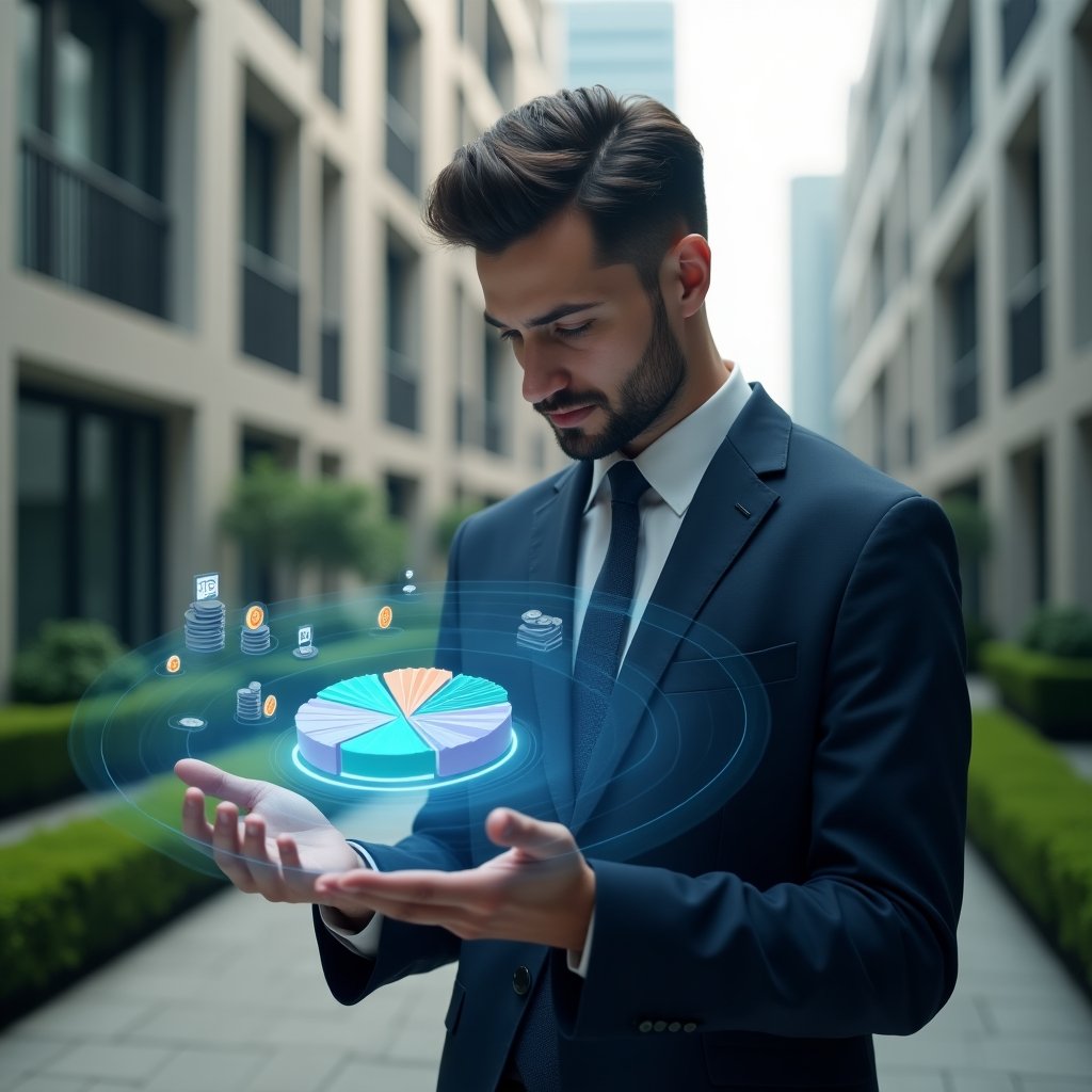 (Ultra-realistic condominium manager in a navy-blue suit, set in a modern luxury condominium environment with high-rise buildings and manicured green landscaping, analyzing a holographic pie chart of expense distribution with a focused expression, floating icons of coins and documents representing fracional shares, cinematic lighting, shallow depth of field, highly detailed textures, realistic skin, photographic realism, 8k resolution --ar 1:1 --v 6)