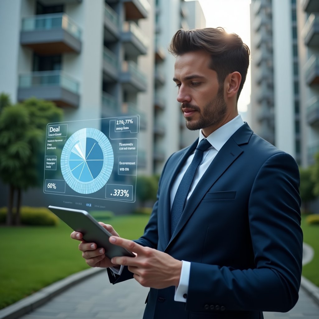 Ultra-realistic condominium manager in a navy blue suit, set in a modern luxury condominium environment with high-rise buildings and well-manicured green landscaping, analyzing a holographic 3D pie chart of ideal fraction percentages and cost breakdowns projected from a tablet, confident and thoughtful expression, cinematic lighting, shallow depth of field, highly detailed textures, realistic skin, photographic realism, 8k resolution --ar 1:1 --v 6