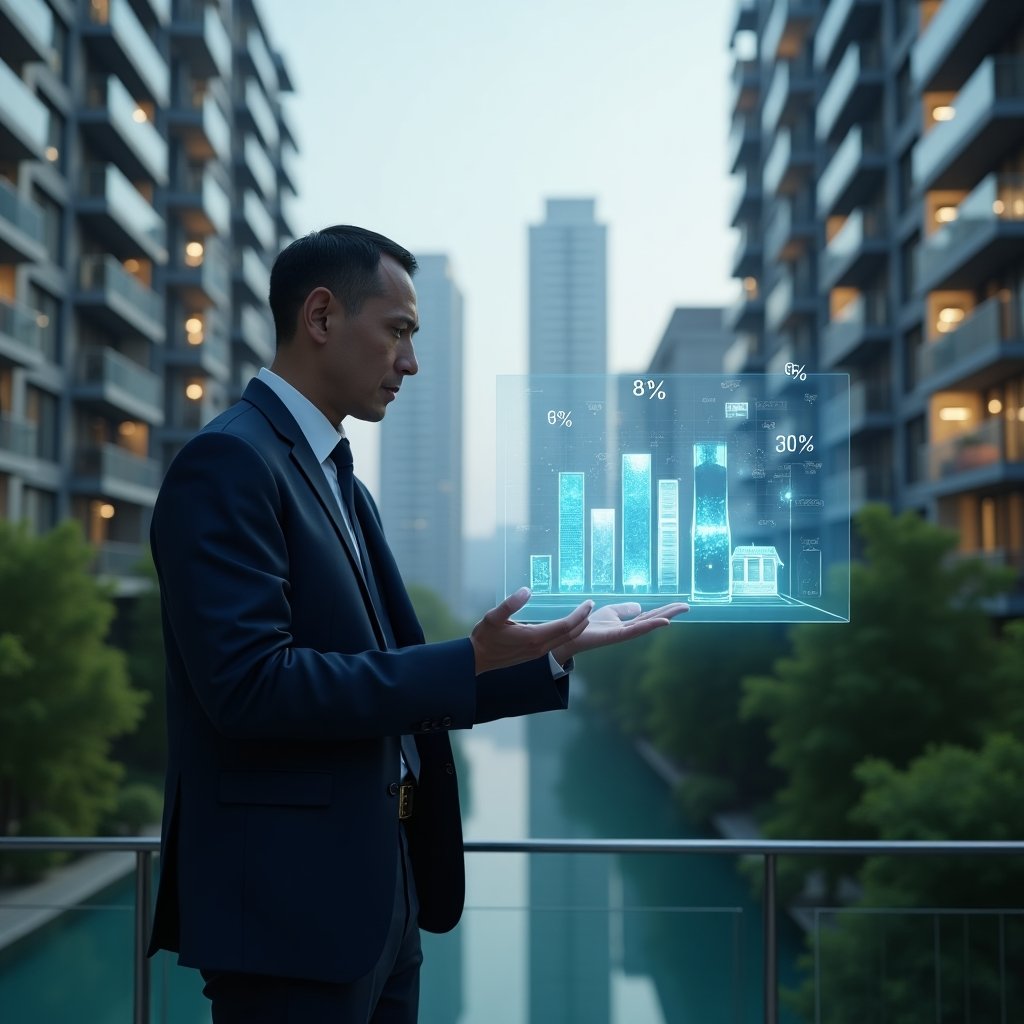 (Ultra-realistic condominium manager in a sleek navy suit, mid shot, set in a modern luxury condominium environment with high-rise buildings and green landscaping, analyzing a holographic display of percentage-based property fractions, with floating holographic percentage symbols and bar graphs, cinematic lighting, shallow depth of field, highly detailed textures, realistic skin, photographic realism, 8k resolution --ar 1:1 --v 6)