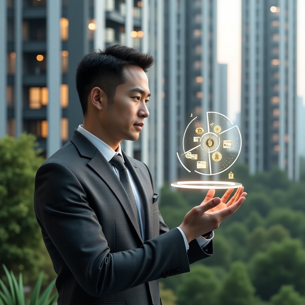 (Ultra-realistic condominium manager in a charcoal gray suit, set in a modern luxury condominium environment with high-rise buildings and lush green landscaping, examining a holographic 3D pie-chart of property fraction distribution, with floating legal scales and currency icons, thoughtful and analytical expression, cinematic lighting, shallow depth of field, highly detailed textures, realistic skin, photographic realism, 8k resolution --ar 1:1 --v 6)