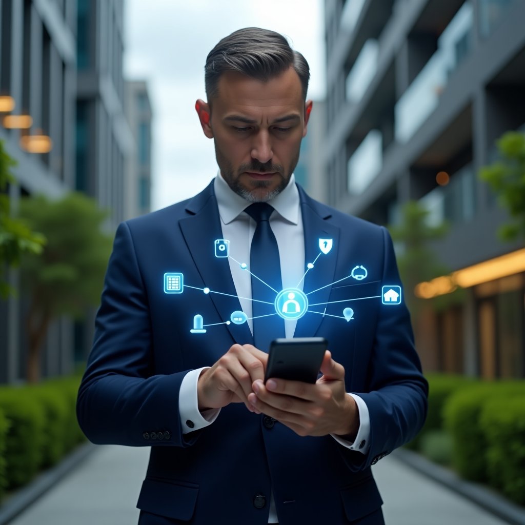 (Ultra-realistic condominium manager in a navy blue suit, set in a modern luxury condominium environment with high-rise buildings and green landscaping, holding a smartphone displaying floating holographic icons of communication, finance, security, calendar reservations and access control, confidently analyzing a translucent dashboard interface, cinematic lighting, shallow depth of field, highly detailed textures, realistic skin, photographic realism, 8k resolution --ar 1:1 --v 6)