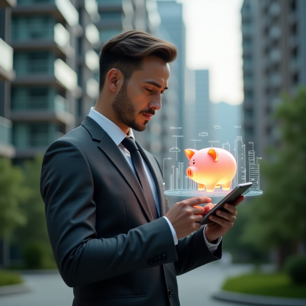 Ultra-realistic condominium manager in a charcoal gray tailored suit, set in a modern luxury condominium environment with high-rise buildings and lush green landscaping, standing in a medium shot while reviewing holographic financial charts on a transparent tablet, with a glowing piggy bank icon symbolizing the strategic reserve fund floating beside them, confident expression, cinematic lighting, shallow depth of field, highly detailed textures, realistic skin, photographic realism, 8k resolution --ar 1:1 --v 6
