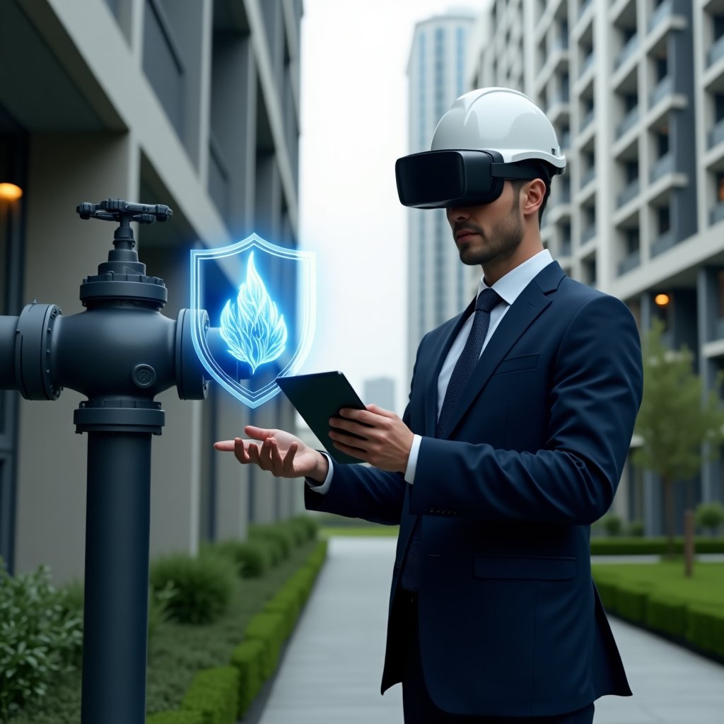 (Ultra-realistic property manager in a navy blue suit, set in a modern luxury condominium environment with high-rise buildings and green landscaping, confidently inspecting a gas pipeline valve while holding a digital tablet, holographic shield icon protecting a gas flame floating beside them, cinematic lighting, shallow depth of field, highly detailed textures, realistic skin, photographic realism, 8k resolution --ar 1:1 --v 6)