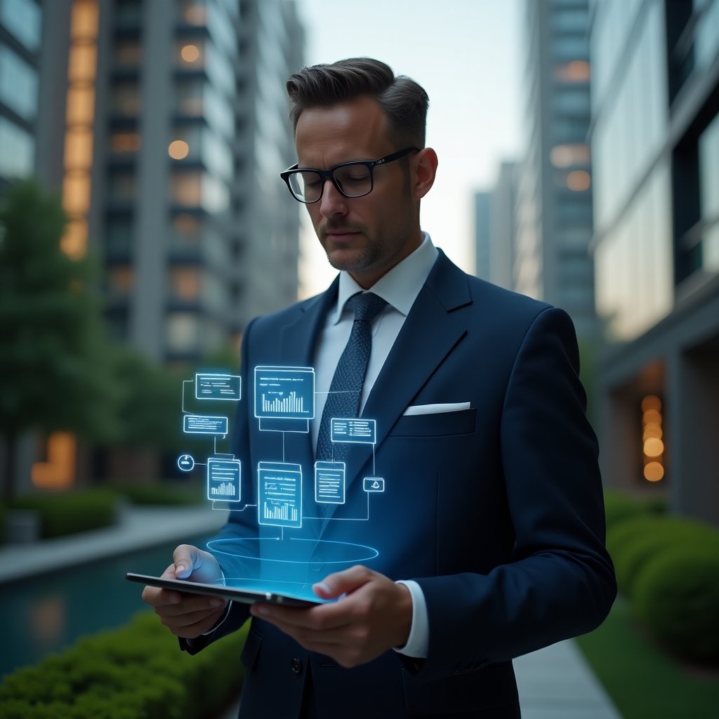 Ultra-realistic condominium manager in a tailored navy business suit, set in a modern luxury condominium environment with tall glass towers and manicured greenery, medium shot confidently holding a tablet displaying floating holographic icons of chat bubbles, virtual meeting agendas and financial charts, cinematic lighting, shallow depth of field, highly detailed textures, realistic skin, photographic realism, 8k resolution --ar 1:1 --v 6
