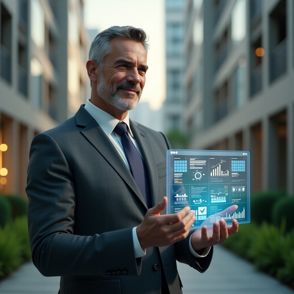 (Ultra-realistic condominium manager in a charcoal gray tailored suit, set in a modern luxury condominium environment with high-rise buildings and lush green landscaping, holding a holographic interface displaying an intelligent scheduling calendar, vendor rating icons and advanced search filters, confidently analyzing data with a slight smile, cinematic lighting, shallow depth of field, highly detailed textures, realistic skin, photographic realism, 8k resolution --ar 1:1 --v 6)