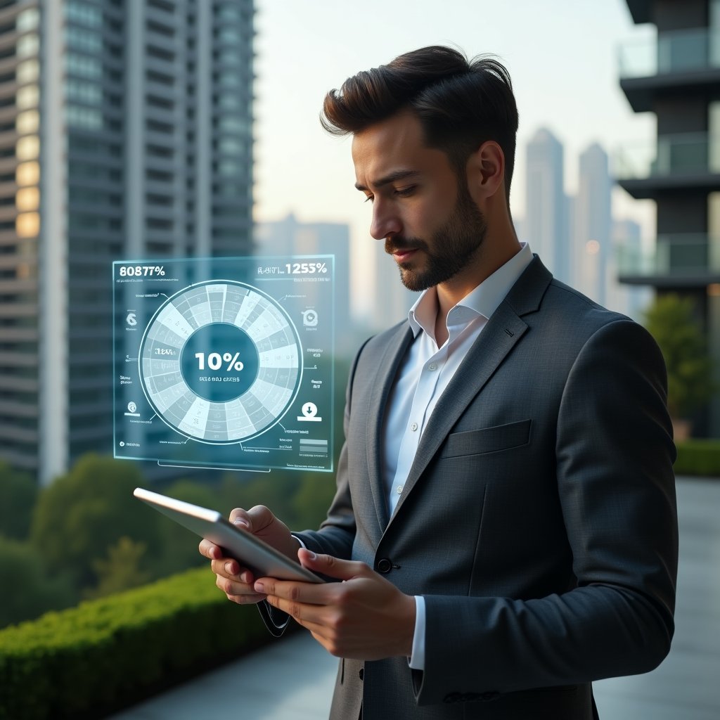 (Ultra-realistic condominium manager in a charcoal gray tailored suit, set in a modern luxury condominium environment with high-rise buildings and well-manicured green landscaping, holding a tablet and analyzing a holographic pie chart representing ideal share calculations, floating digital interface with percentage icons and unit layouts, confident and focused expression, cinematic lighting, shallow depth of field, highly detailed textures, realistic skin, photographic realism, 8k resolution --ar 1:1 --v 6)