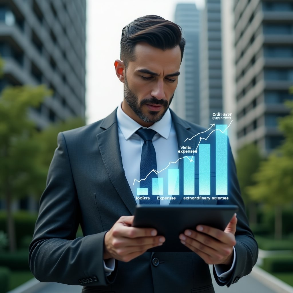 Ultra-realistic condominium manager in a charcoal gray executive suit, set in a modern luxury condominium environment with high-rise buildings and lush green landscaping, holding a tablet and analyzing holographic bar graphs labeled “ordinary expenses” and “extraordinary expenses,” confident and focused expression, cinematic lighting, shallow depth of field, highly detailed textures, realistic skin, photographic realism, 8k resolution --ar 1:1 --v 6