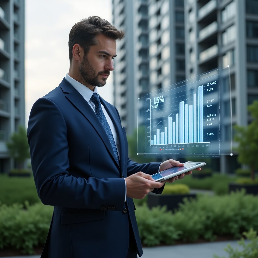 (Ultra-realistic condominium manager in a navy blue suit, set in a modern luxury condominium environment with high-rise buildings and manicured green gardens, reviewing transparent floating holographic financial charts while holding a tablet displaying budget graphs, expression focused and confident, cinematic lighting, shallow depth of field, highly detailed textures, realistic skin, photographic realism, 8k resolution --ar 1:1 --v 6)