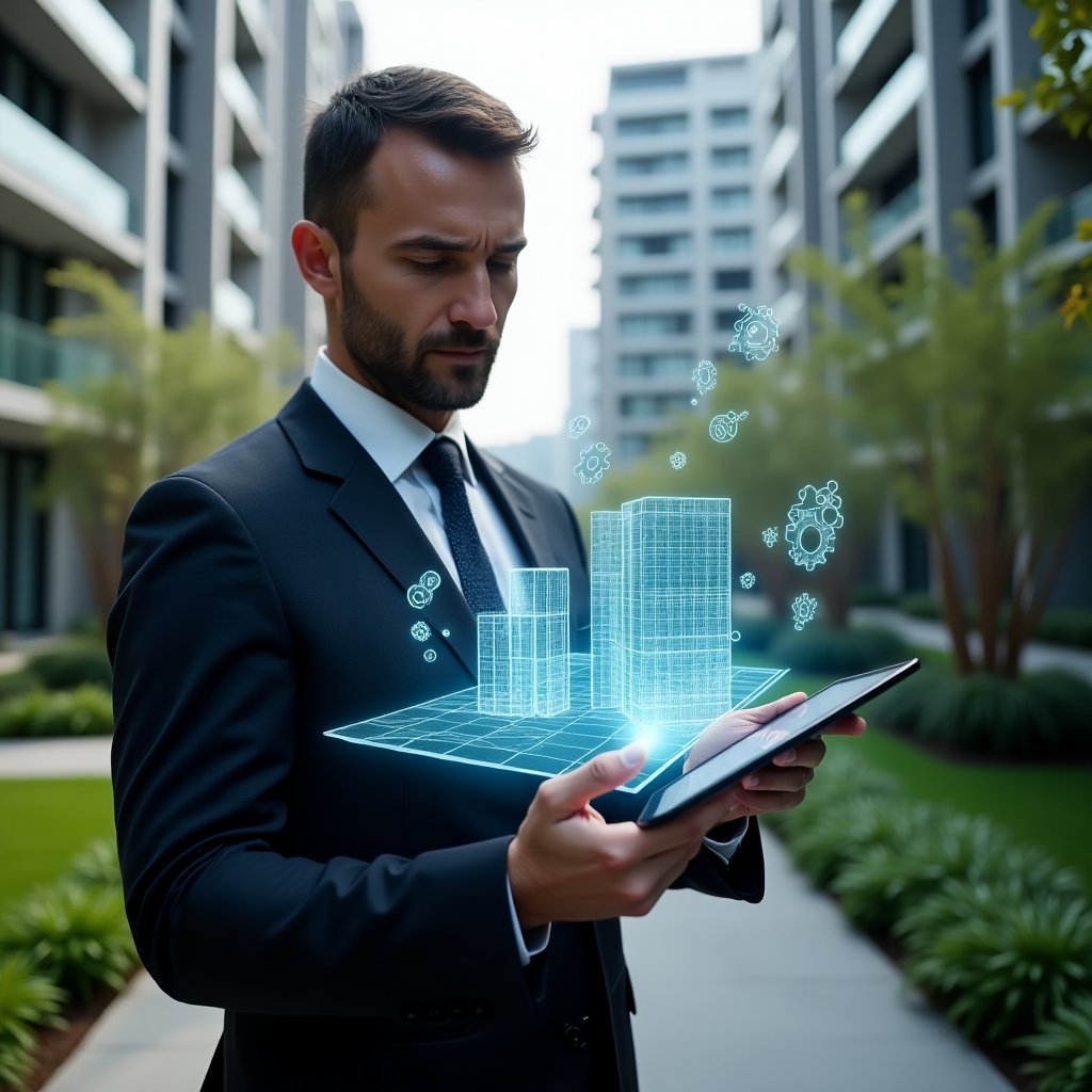 (Ultra-realistic building manager in a dark charcoal suit, set in a modern luxury condominium environment with high-rise buildings and lush green landscaping, examining a holographic 3D model of the building and energy consumption graphs projected from a tablet, surrounded by floating icons of water droplets, gears and solar panels, confident and focused expression, cinematic lighting, shallow depth of field, highly detailed textures, realistic skin, photographic realism, 8k resolution --ar 1:1 --v 6)
