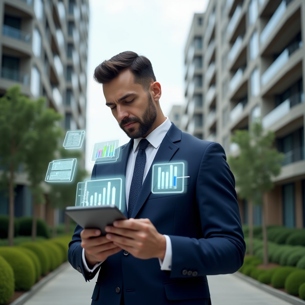 (Ultra-realistic property manager in a tailored navy blue executive suit, set in a modern luxury condominium environment with high-rise buildings and green landscaping, medium shot of a confident manager reviewing financial reports on a sleek tablet while holographic tax forms and colorful financial charts float around, cinematic lighting, shallow depth of field, highly detailed textures, realistic skin, photographic realism, 8k resolution --ar 1:1 --v 6)