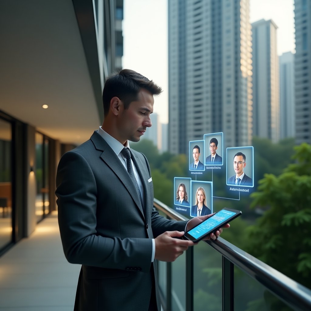 Ultra-realistic condominium manager in a charcoal gray suit, set in a modern luxury condominium environment with high-rise buildings and lush green landscaping, holding a digital tablet displaying candidate profiles as holographic icons while thoughtfully reviewing them, cinematic lighting, shallow depth of field, highly detailed textures, realistic skin, photographic realism, 8k resolution --ar 1:1 --v 6