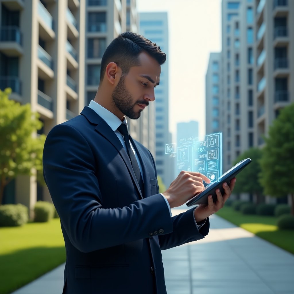 (Ultra-realistic condominium manager in a tailored dark blue suit, set in a modern luxury condominium environment with high-rise buildings and well-manicured green landscaping, confidently inspecting a digital tablet displaying holographic elevator sensor data and security icons, cinematic lighting, shallow depth of field, highly detailed textures, realistic skin, photographic realism, 8k resolution --ar 1:1 --v 6)
