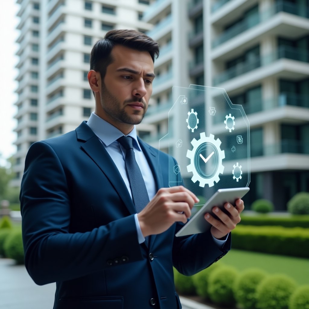 (Ultra-realistic condominium manager in a navy blue executive suit, set in a modern luxury condominium environment with high-rise buildings and manicured green landscaping, mid-shot of the manager reviewing a holographic maintenance checklist projected from a tablet, floating gear and shield icons symbolizing preventive maintenance, confident and focused expression, cinematic lighting, shallow depth of field, highly detailed textures, realistic skin, photographic realism, 8k resolution --ar 1:1 --v 6)