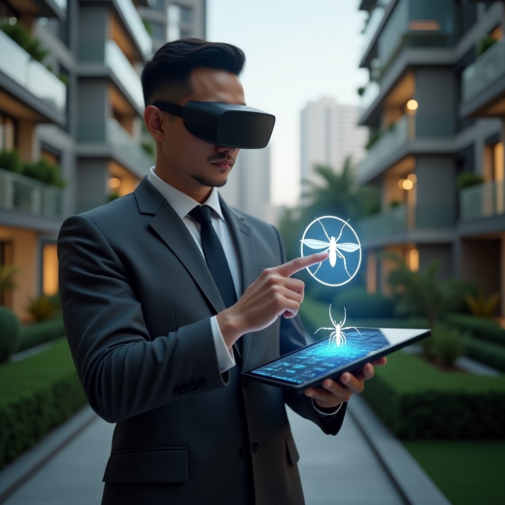 (Ultra-realistic condominium manager in a charcoal gray executive suit, set in a modern luxury condominium environment with high-rise buildings and manicured greenery, holding a digital tablet that projects a holographic mosquito icon and infestation heatmap, confidently pointing at hotspots, cinematic lighting, shallow depth of field, highly detailed textures, realistic skin, photographic realism, 8k resolution --ar 1:1 --v 6)