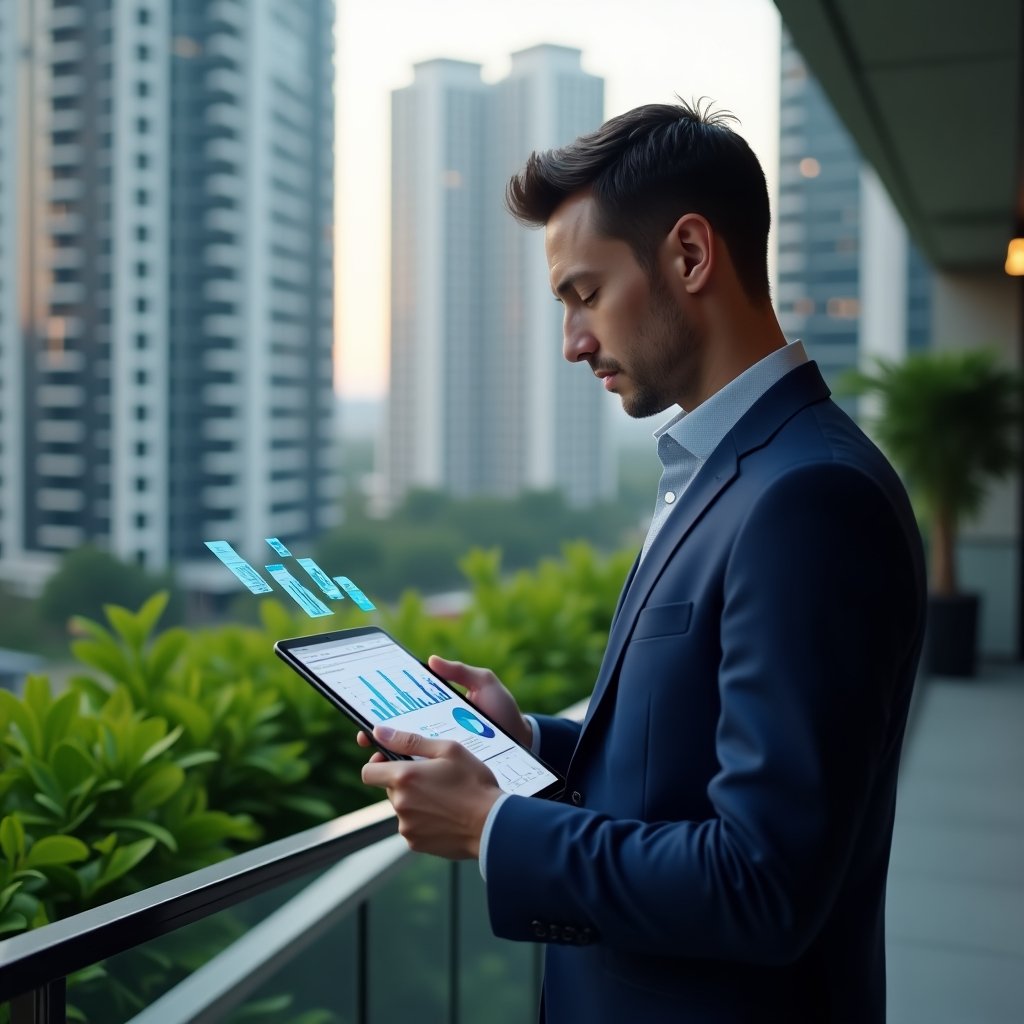 Ultra-realistic condominium manager in a tailored navy blue suit, set in a modern luxury condominium environment with high-rise buildings and lush green landscaping, confidently reviewing a digital tablet displaying holographic management dashboard with charts and system icons, cinematic lighting, shallow depth of field, highly detailed textures, realistic skin, photographic realism, 8k resolution --ar 1:1 --v 6