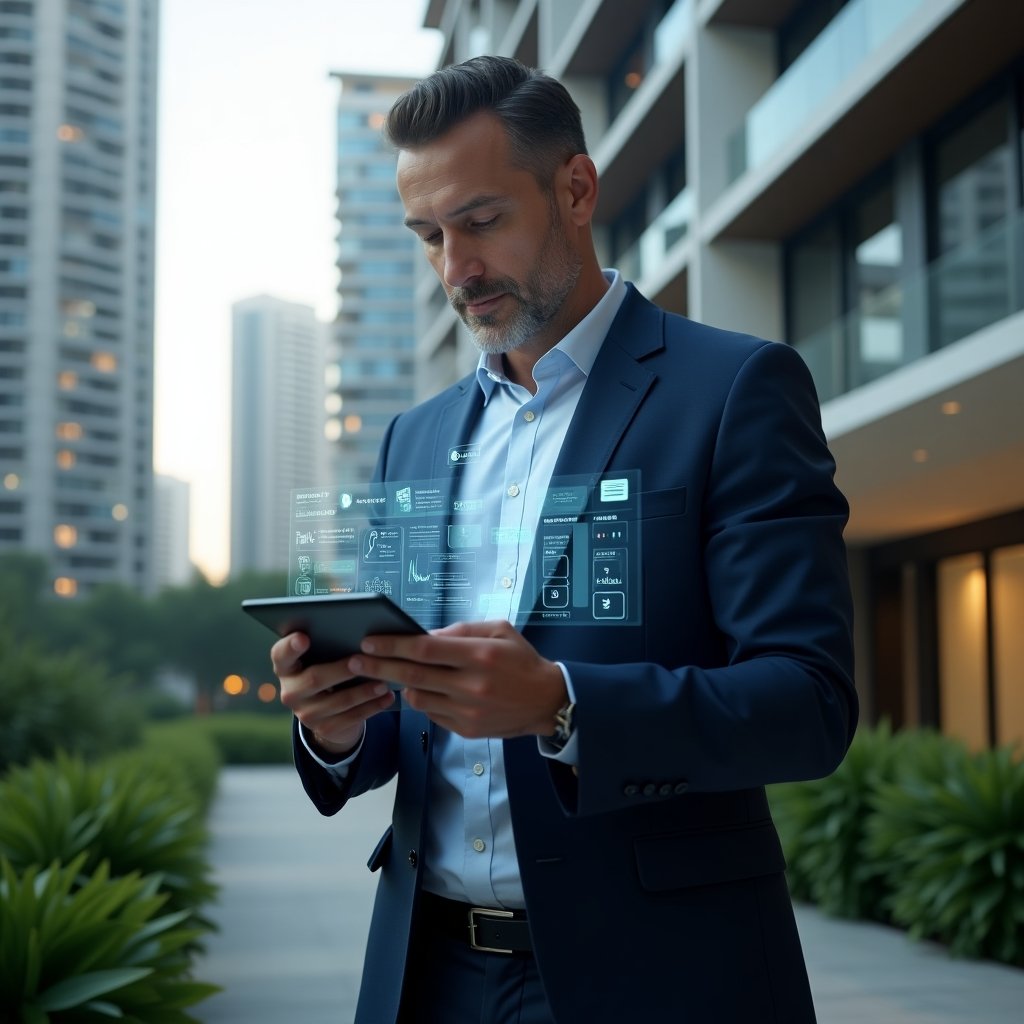 (Ultra-realistic condominium manager in a navy blue suit, set in a modern luxury condominium environment with high-rise buildings and lush green landscaping, standing in a mid shot and confidently tapping on a tablet that projects a holographic interface with icons for communication, automated workflows, and financial charts, cinematic lighting, shallow depth of field, highly detailed textures, realistic skin, photographic realism, 8k resolution --ar 1:1 --v 6)