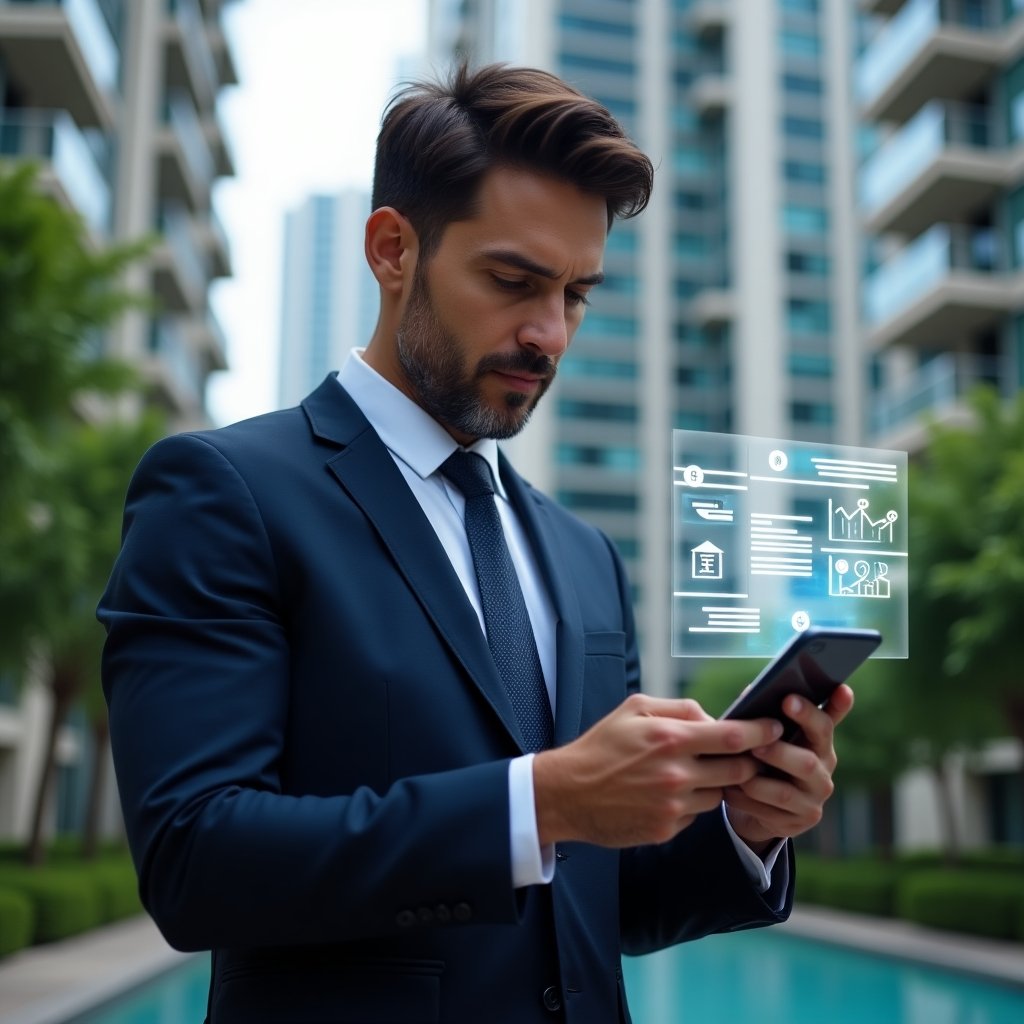(Ultra-realistic property manager in a tailored navy suit, set in a modern luxury condominium environment with high-rise buildings and lush green landscaping, holding a smartphone displaying holographic UI overlays of chat bubbles, financial graphs and reservation icons, confident and focused expression analyzing data, floating holographic condominium icon beside device, cinematic lighting, shallow depth of field, highly detailed textures, realistic skin, photographic realism, 8k resolution --ar 1:1 --v 6)