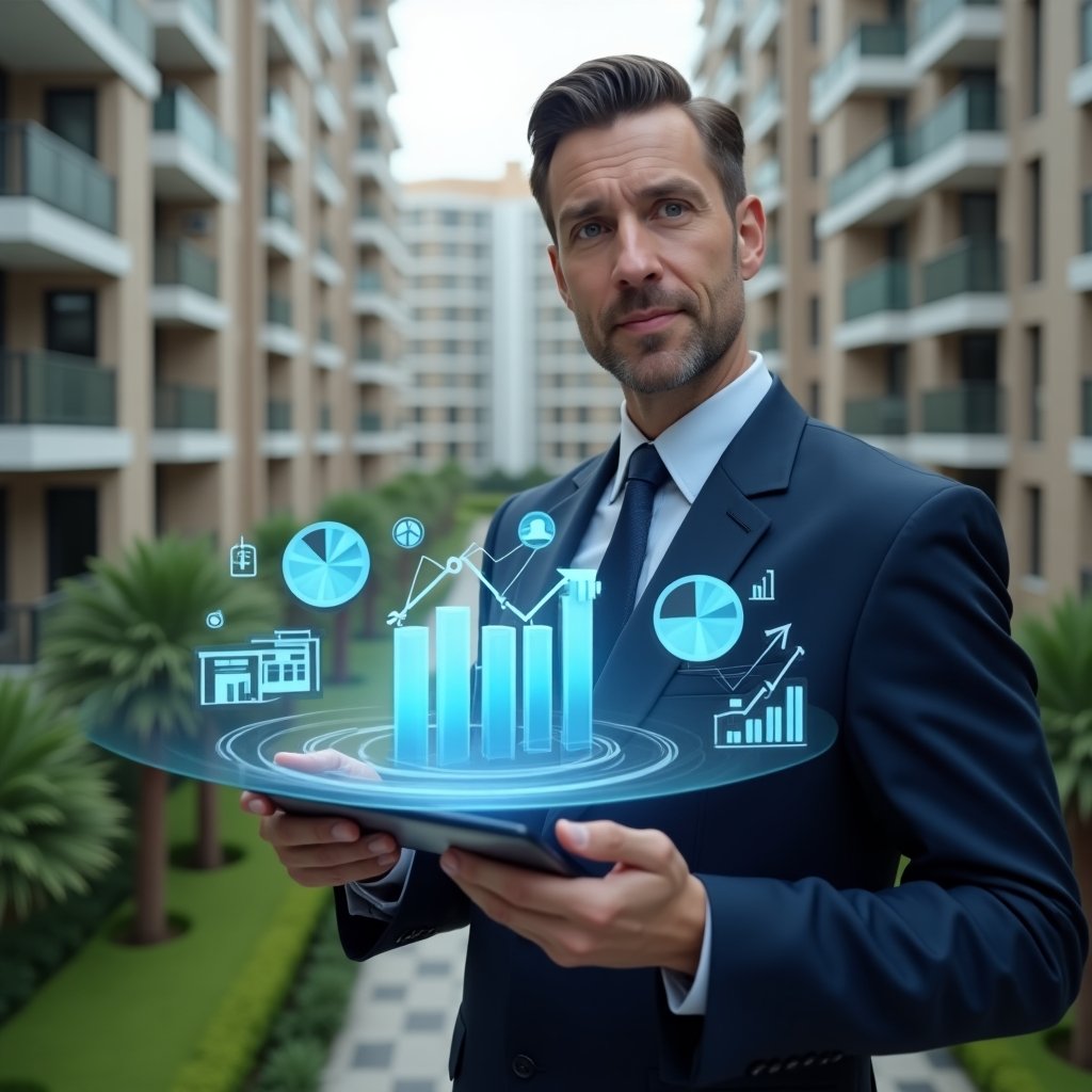(Ultra-realistic condominium manager in a navy suit, set in a modern luxury condominium environment with high-rise buildings and well-kept green landscaping, holding a digital tablet and presenting a holographic budget pie chart, surrounded by floating financial icons and graphs symbolizing annual budget approval, confident and analytical expression, cinematic lighting, shallow depth of field, highly detailed textures, realistic skin, photographic realism, 8k resolution --ar 1:1 --v 6)