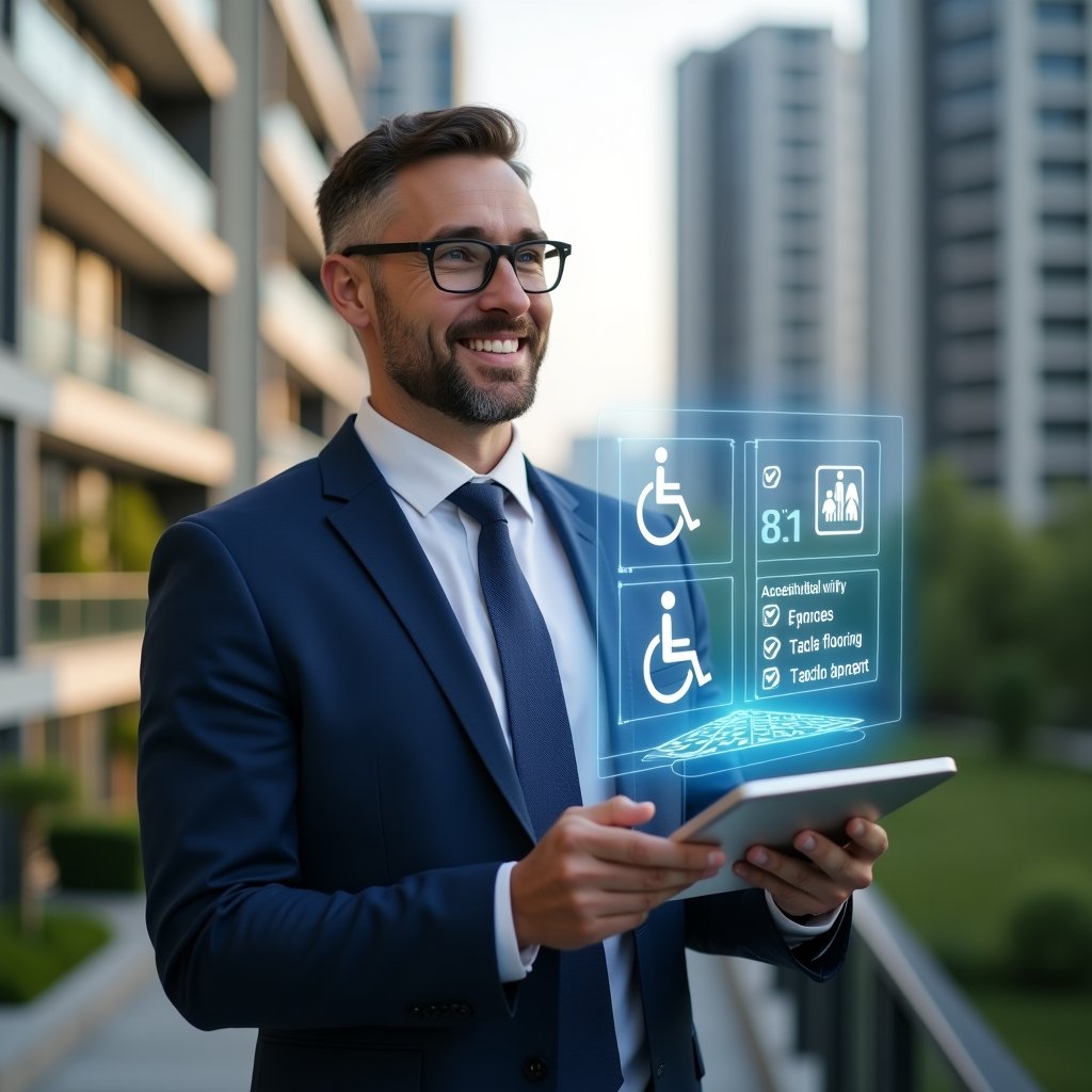 (Ultra-realistic condominium manager in a navy blue suit, set in a modern luxury condominium environment with high-rise buildings and green landscaping, holding a digital tablet displaying holographic accessibility icons (wheelchair, tactile flooring, community engagement), reviewing a three-step inclusion plan with a confident smile, cinematic lighting, shallow depth of field, highly detailed textures, realistic skin, photographic realism, 8k resolution --ar 1:1 --v 6)