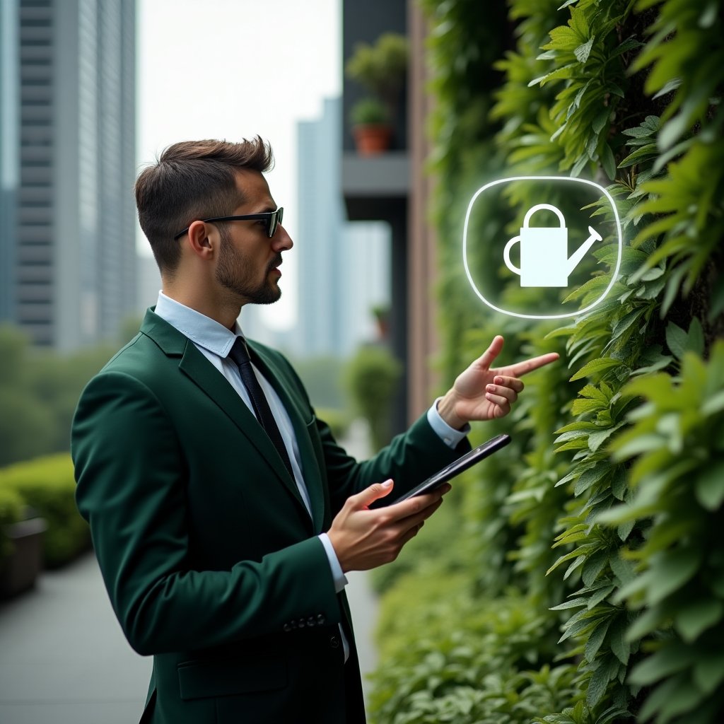 Ultra-realistic condominium manager in a tailored dark green suit, set in a modern luxury condominium environment with high-rise buildings and lush green landscaping, holding a tablet and pointing thoughtfully at a vertical garden wall, holographic leaf and watering can icons floating beside verdant plants, cinematic lighting, shallow depth of field, highly detailed textures, realistic skin, photographic realism, 8k resolution --ar 1:1 --v 6