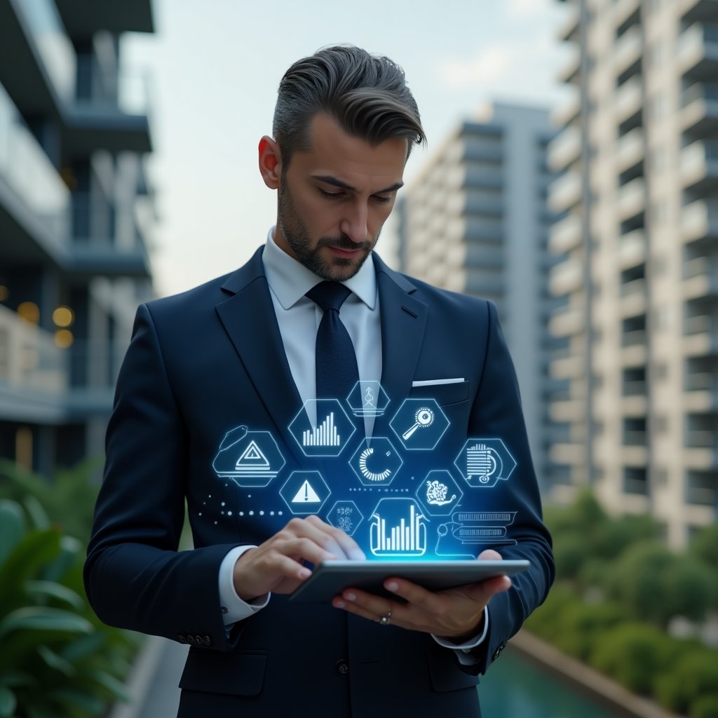 Ultra-realistic condominium manager in a tailored navy suit, set in a modern luxury condominium environment with high-rise buildings and lush green landscaping, holding a digital tablet displaying holographic maintenance icons and performance graphs, confidently reviewing preventive maintenance schedules, cinematic lighting, shallow depth of field, highly detailed textures, realistic skin, photographic realism, 8k resolution --ar 1:1 --v 6
