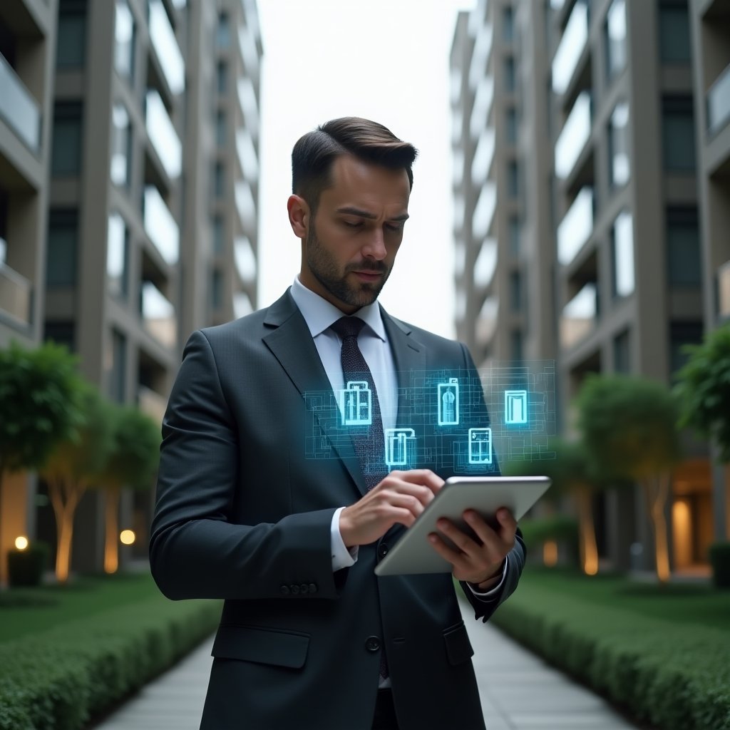 Ultra-realistic condominium property manager in a dark gray tailored suit, set in a modern luxury condominium environment with high-rise buildings and manicured green landscaping, medium shot, holding a tablet displaying a maintenance checklist and holographic icons of elevators and water pumps, analyzing data with a confident expression, cinematic lighting, shallow depth of field, highly detailed textures, realistic skin, photographic realism, 8k resolution --ar 1:1 --v 6